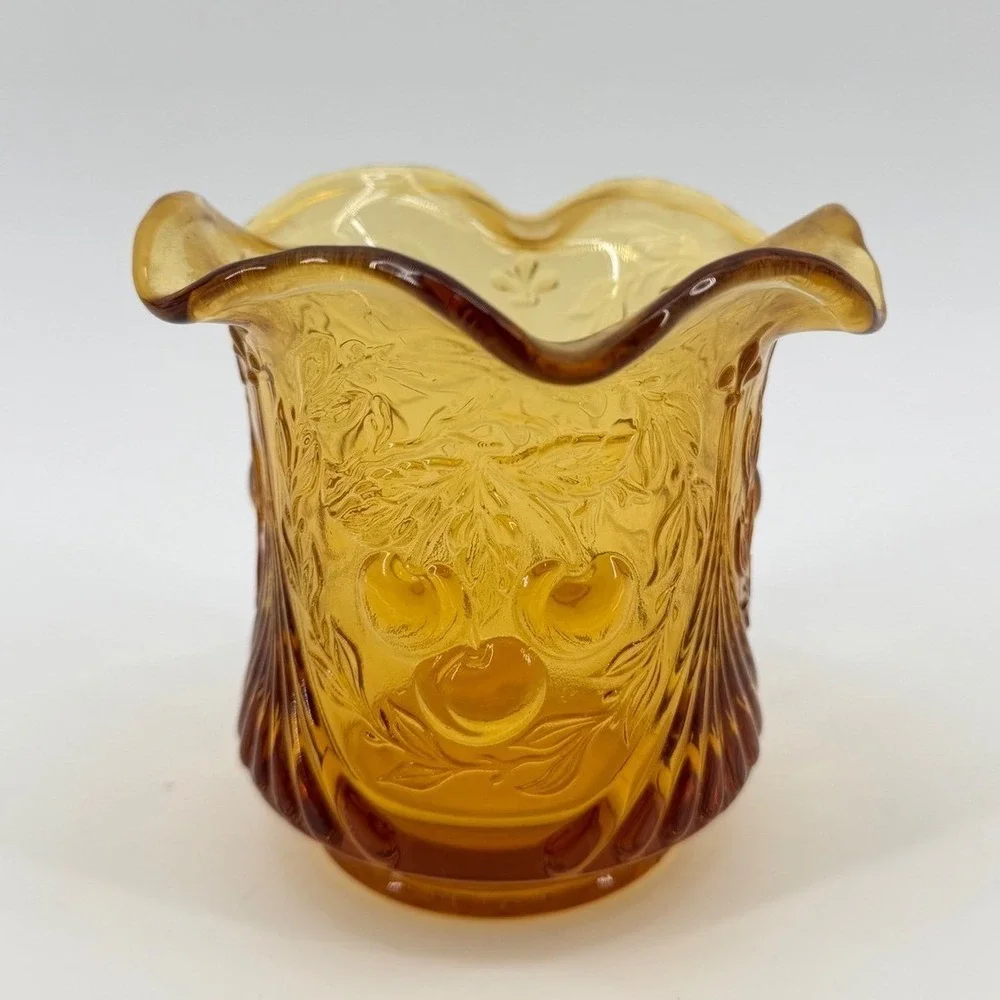 Amber Glass‎ Hobnail Bud Vase Ruffled Edge Embossed Floral